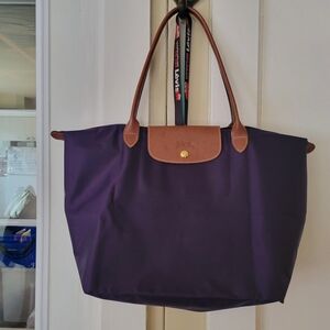 Longchamp Large Tote in Deep Purple with Brown Leather Trim